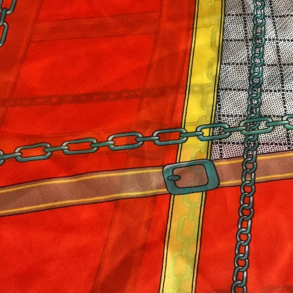 Oversized silk feel scarf/wrap. Chains and belts pattern. 34” by 72”. - Picture 3 of 5